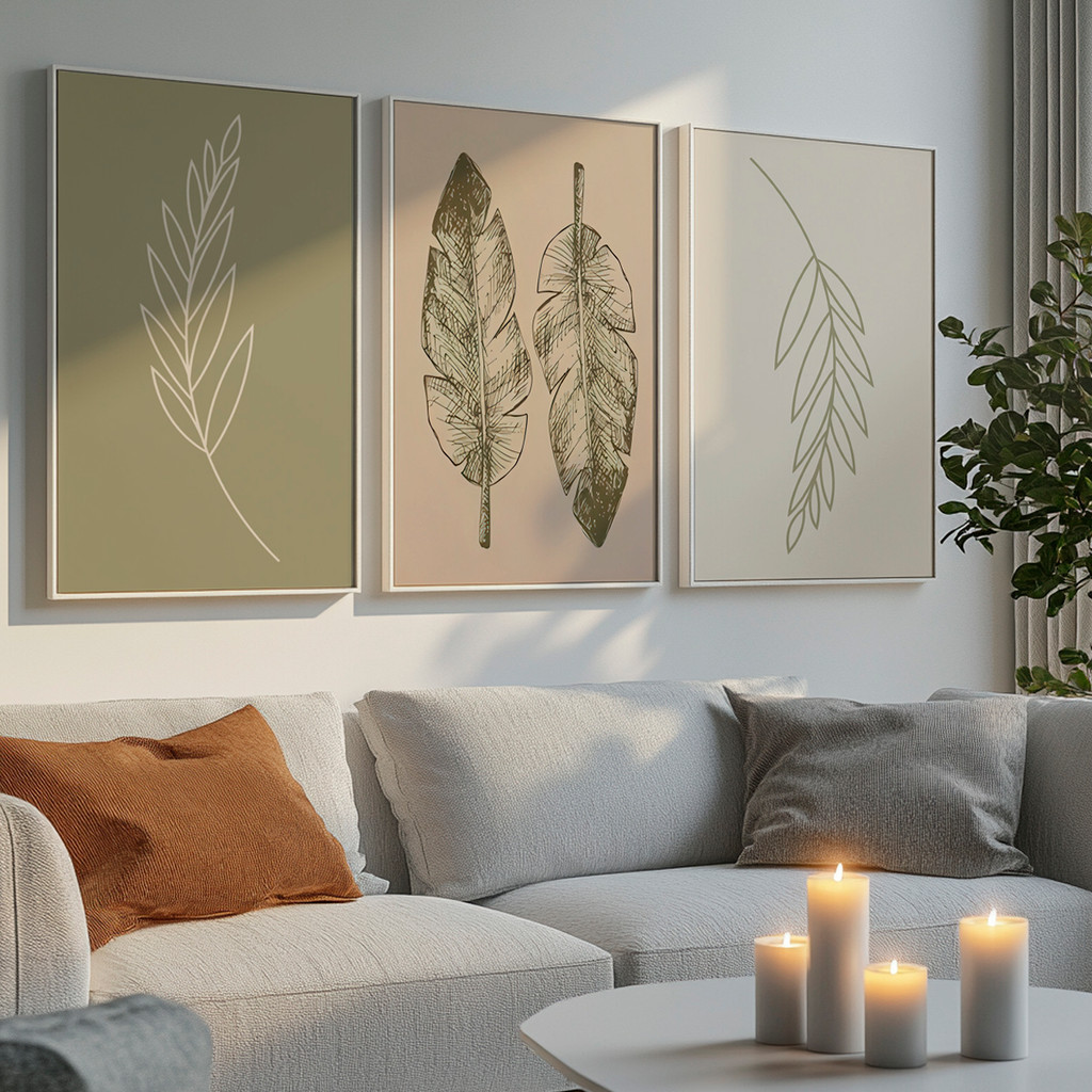 Kit 3 Quadros Decorativos Folhas em Traço Minimalista Moldura Carvalho – foto 5