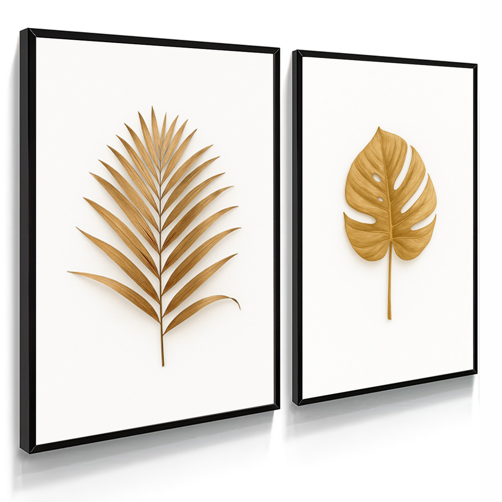 Kit 2 Quadros Decorativos Folhas Douradas para Sala e Cozinha – foto 2