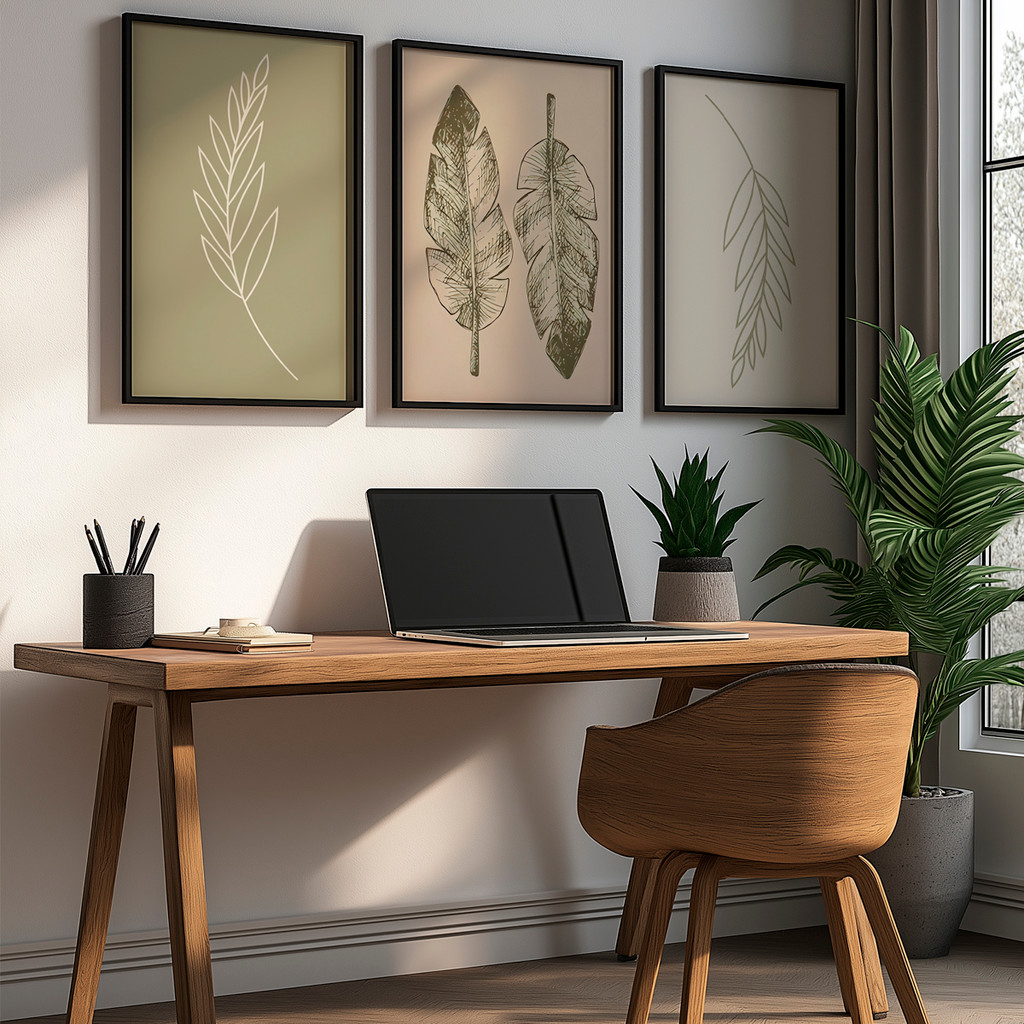 Kit 3 Quadros Decorativos Folhas em Traço Minimalista Moldura Carvalho – foto 9