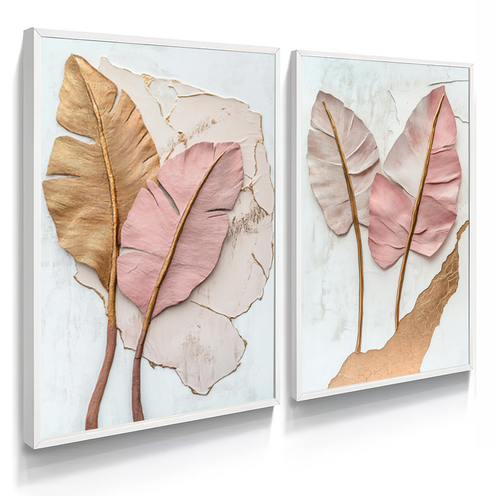 Kit 2 Quadros Decorativos Folhas Rosê e Douradas com Efeito Relevo – foto 3