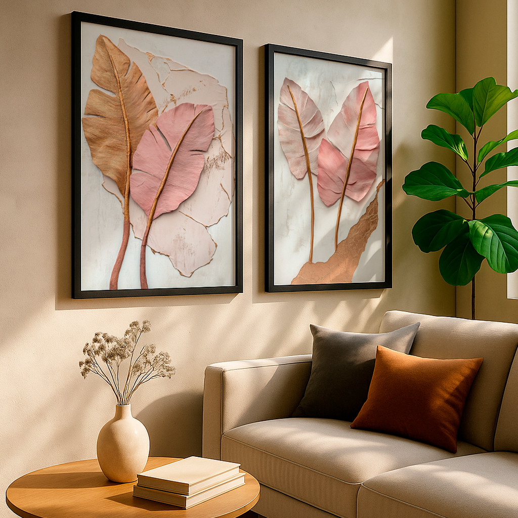 Kit 2 Quadros Decorativos Folhas Rosê e Douradas com Efeito Relevo – foto 10