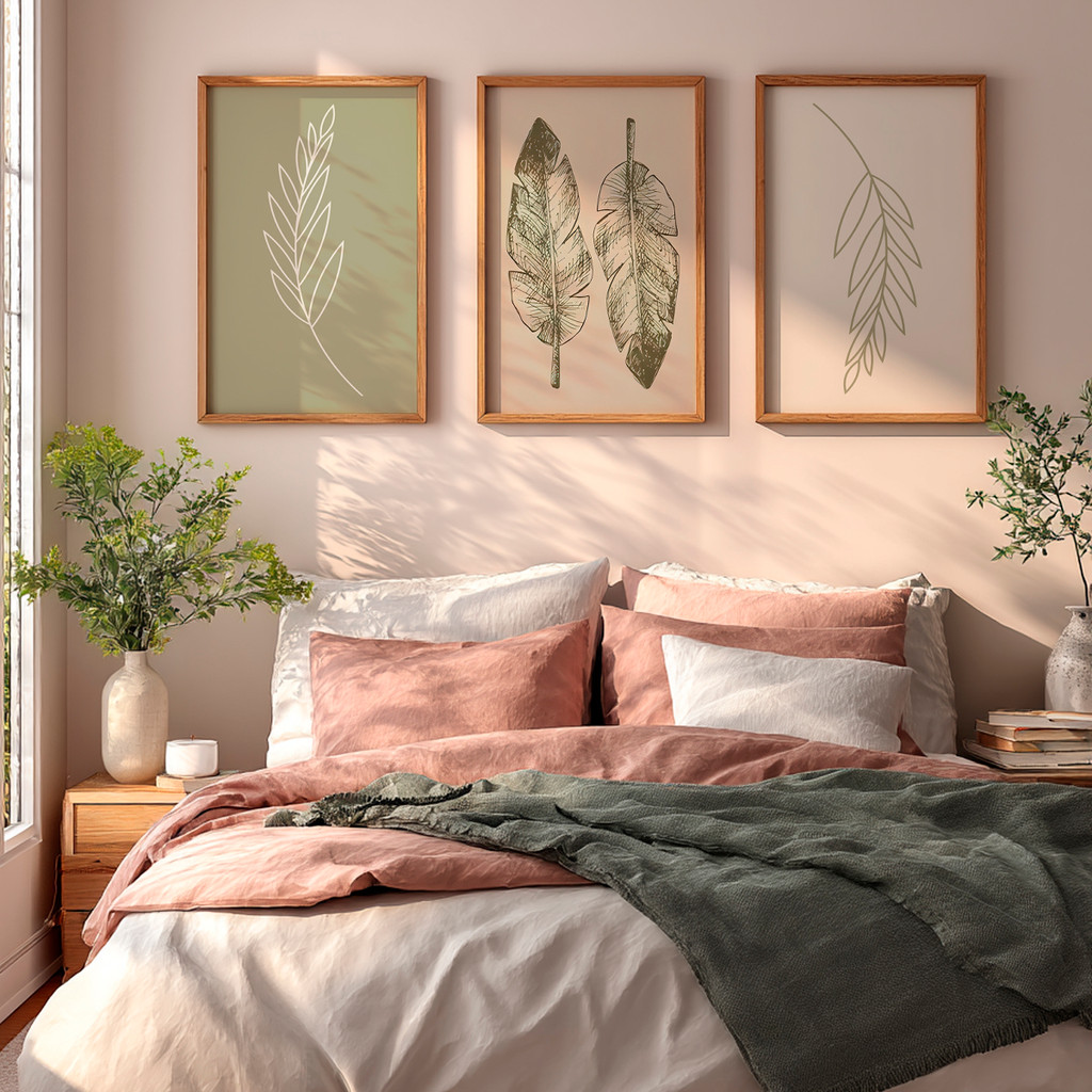 Kit 3 Quadros Decorativos Folhas em Traço Minimalista Moldura Carvalho – foto 3
