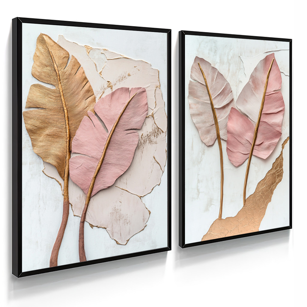 Kit 2 Quadros Decorativos Folhas Rosê e Douradas com Efeito Relevo – foto 2