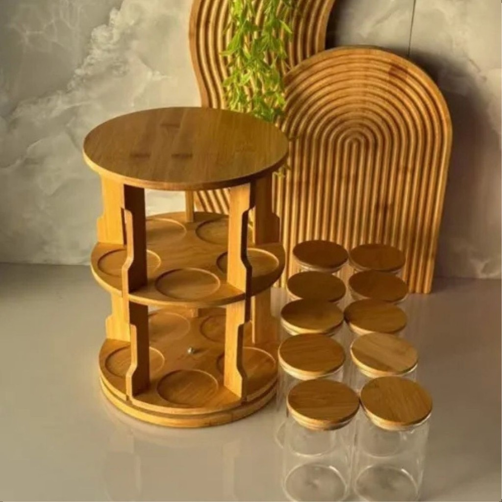 Porta-Temperos Giratório com 10 Potes de Vidro 250 ml e Tampa de Bambu – foto 5