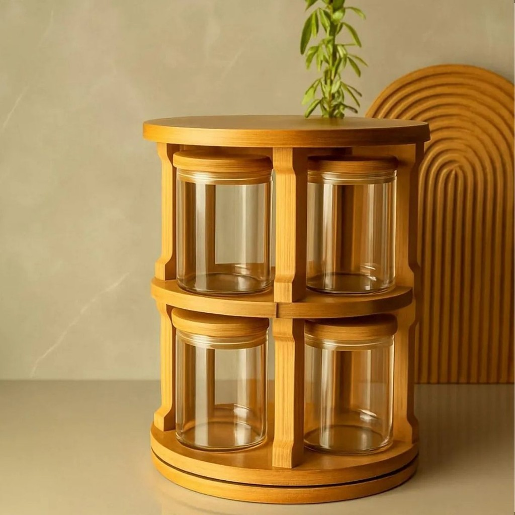Porta-Temperos Giratório com 10 Potes de Vidro 250 ml e Tampa de Bambu – foto 3