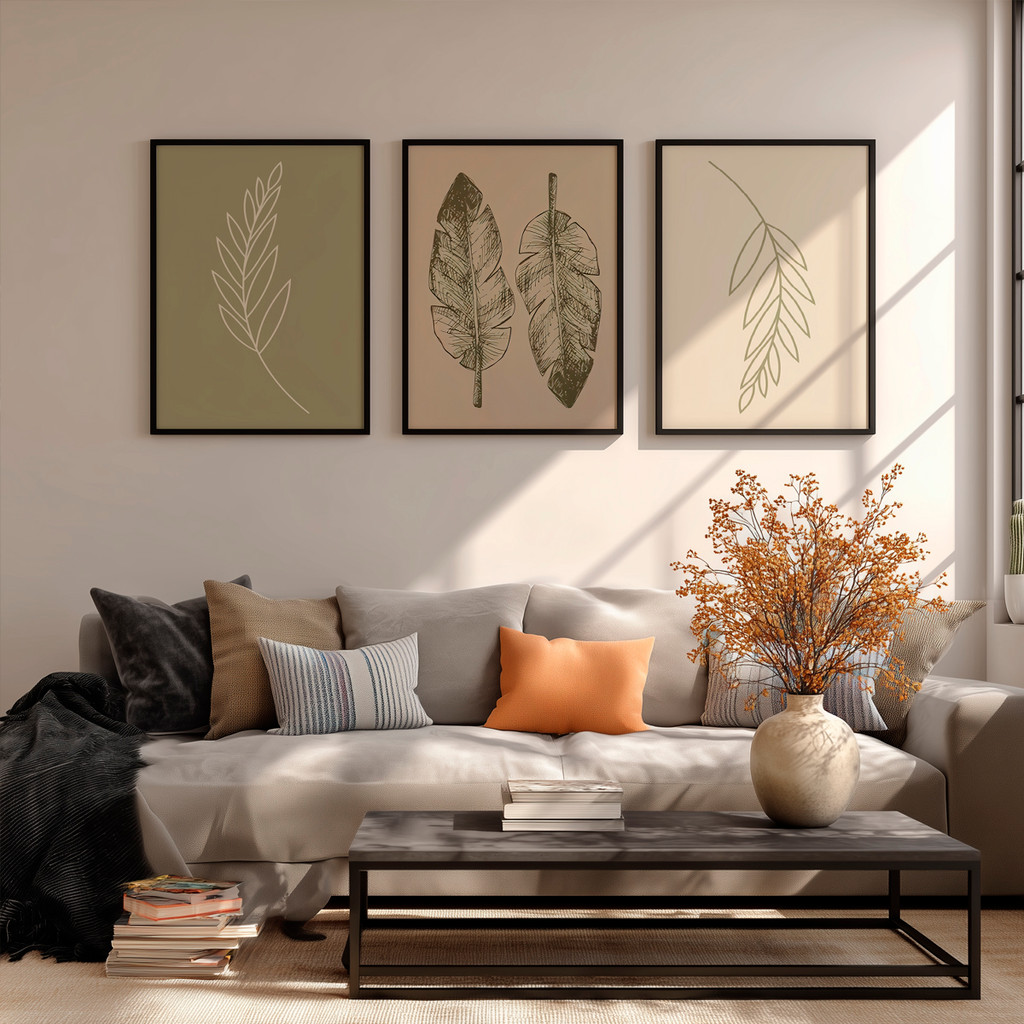Kit 3 Quadros Decorativos Folhas em Traço Minimalista Moldura Carvalho – foto 7