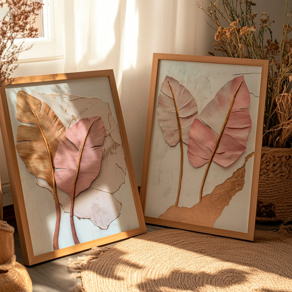 Kit 2 Quadros Decorativos Folhas Rosê e Douradas com Efeito Relevo – foto 5