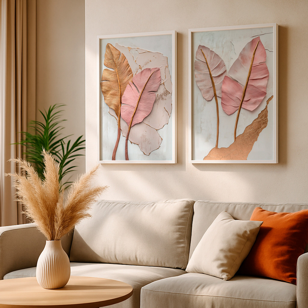 Kit 2 Quadros Decorativos Folhas Rosê e Douradas com Efeito Relevo – foto 8