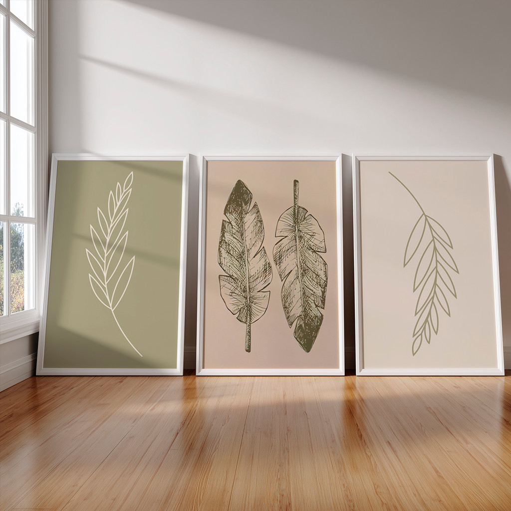 Kit 3 Quadros Decorativos Folhas em Traço Minimalista Moldura Carvalho – foto 4