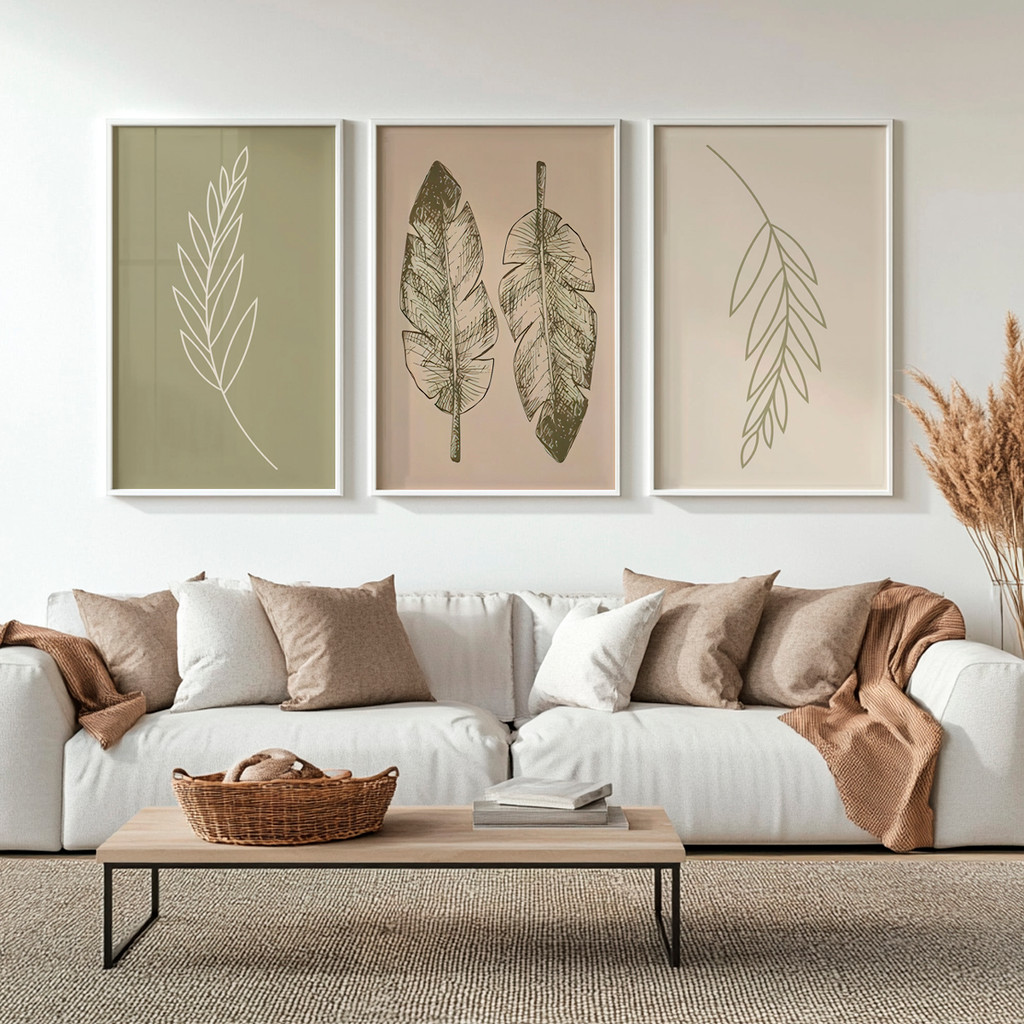 Kit 3 Quadros Decorativos Folhas em Traço Minimalista Moldura Carvalho – foto 8