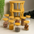 Porta-Temperos Giratório com 10 Potes de Vidro 250 ml e Tampa de Bambu – foto 4