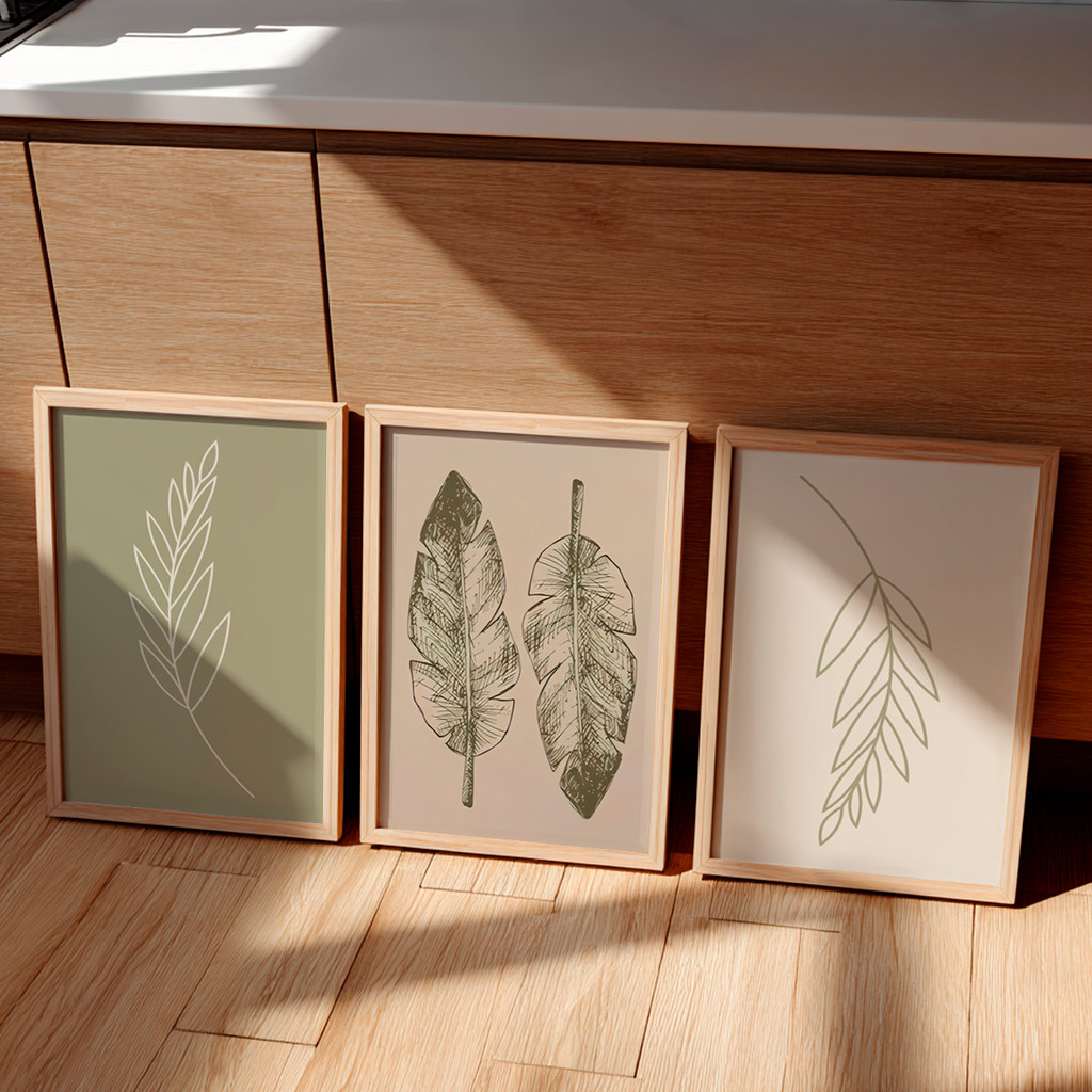 Kit 3 Quadros Decorativos Folhas em Traço Minimalista Moldura Carvalho – foto 6