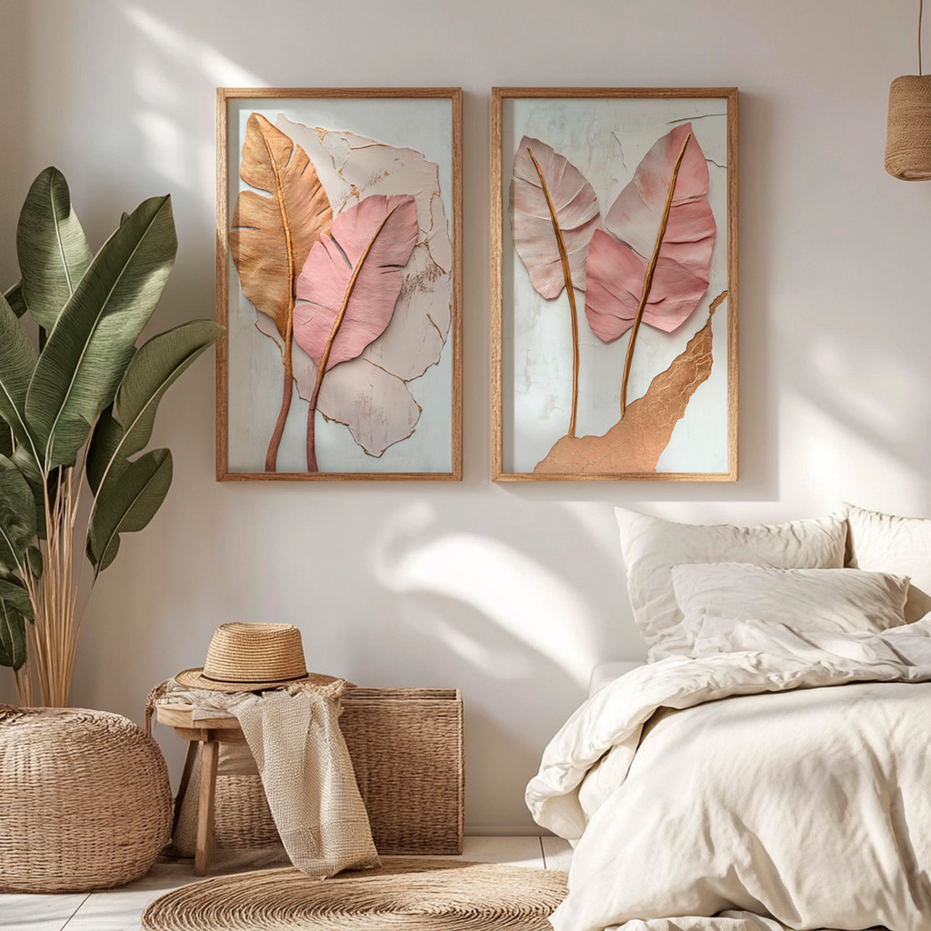 Kit 2 Quadros Decorativos Folhas Rosê e Douradas com Efeito Relevo – foto 7