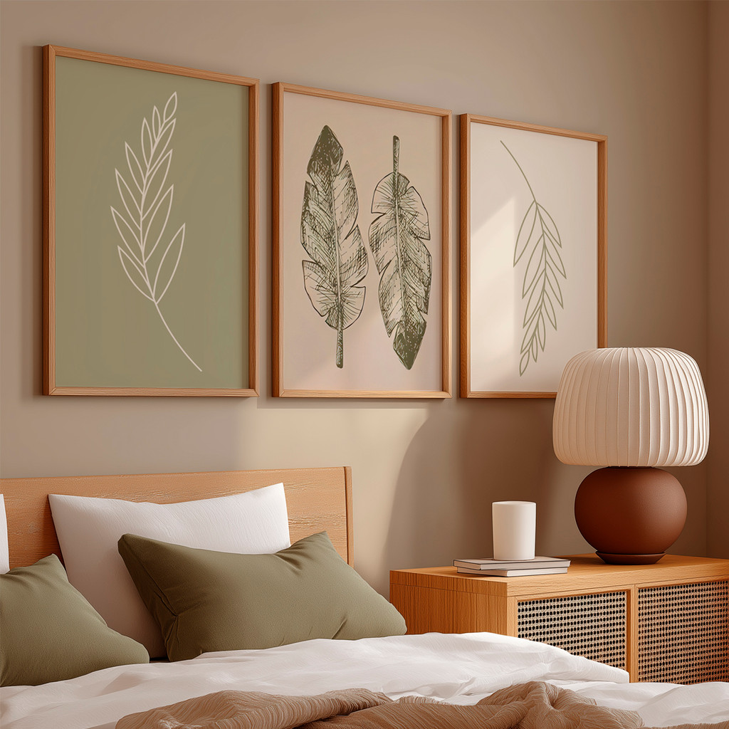 Kit 3 Quadros Decorativos Folhas em Traço Minimalista Moldura Carvalho – foto 2