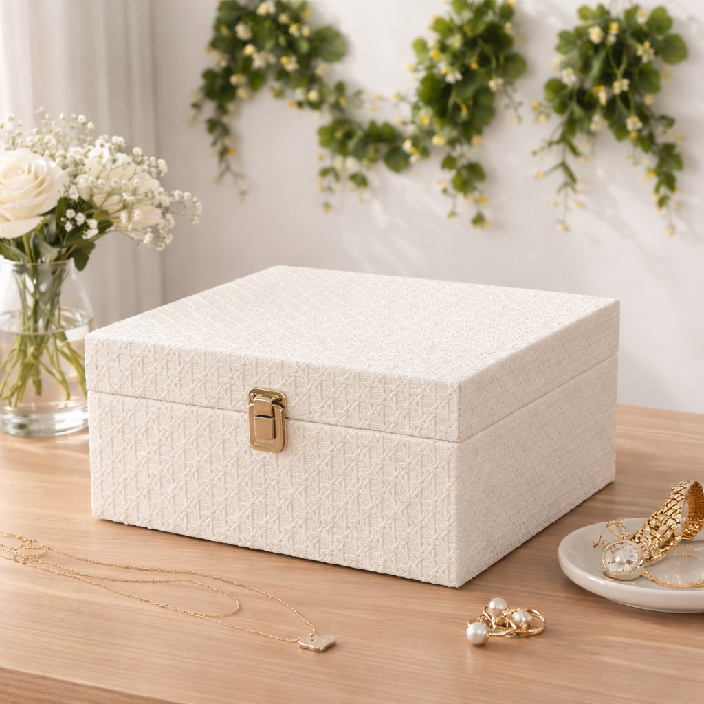 Caixa Organizadora Branca com Textura Rattan e Fecho Dourado – foto 4