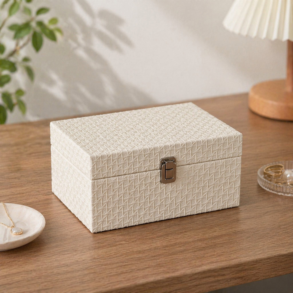 Caixa Organizadora Branca com Textura Rattan e Fecho Dourado – foto principal