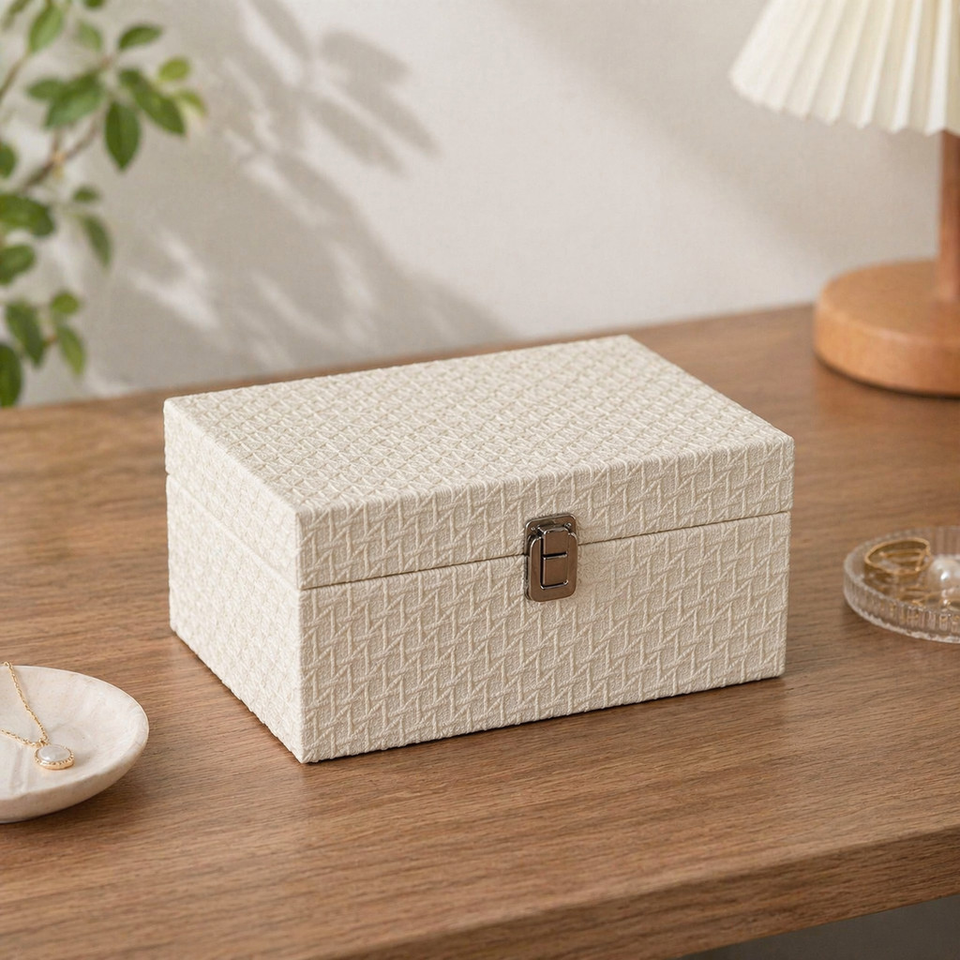 Caixa Organizadora Branca com Textura Rattan e Fecho Dourado – foto principal